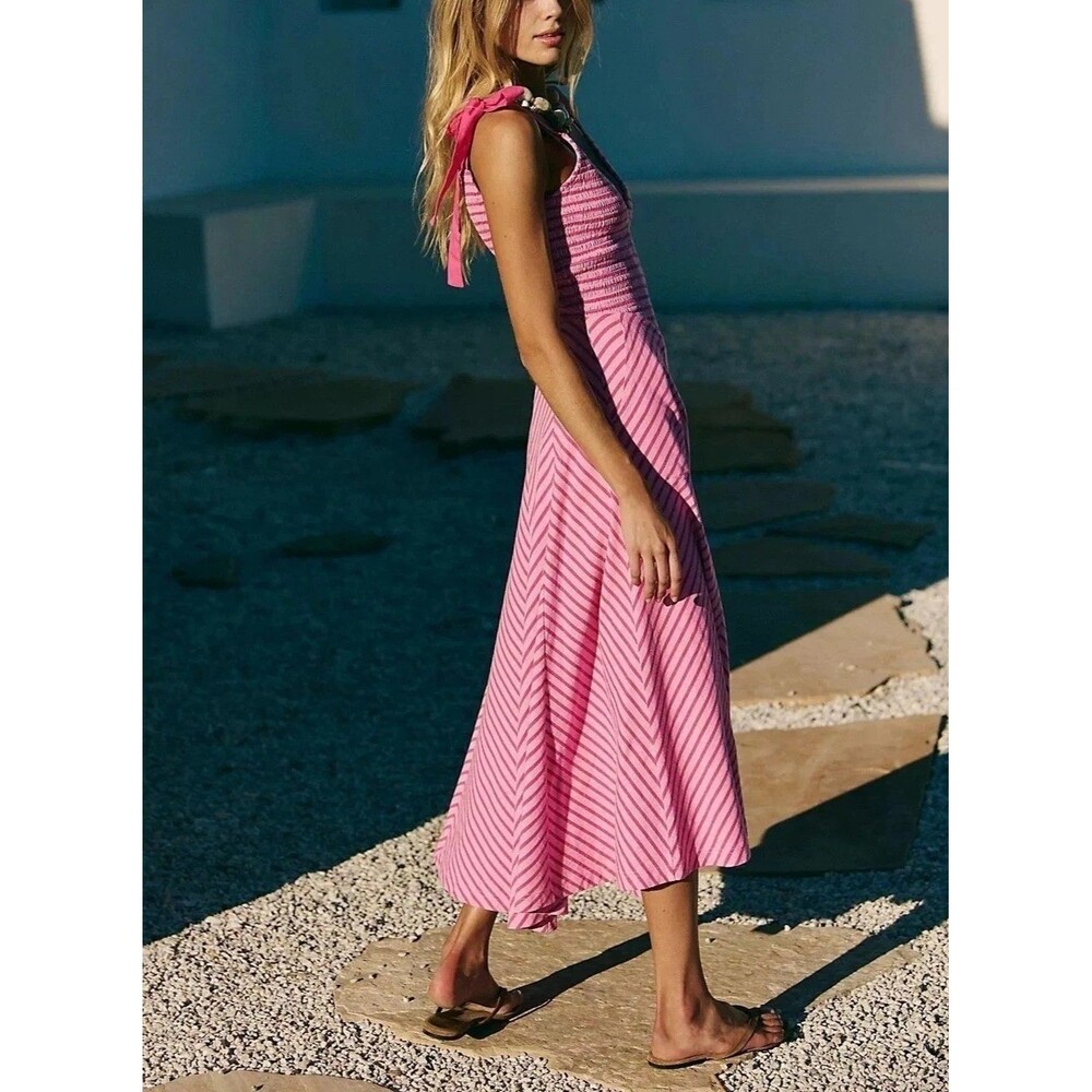 Free People Free-Est Cecelia Midi Dress Striped Printed Smocked Cotton XL 287723
